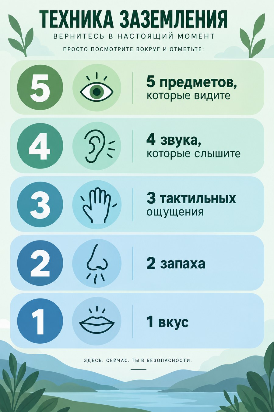 Схема техники 5-4-3-2-1: пять предметов, четыре звука, три ощущения, два запаха, один вкус