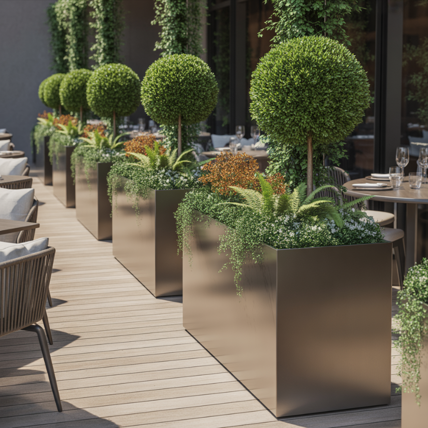 растения в кашпо для разделения зон на террасе ресторана