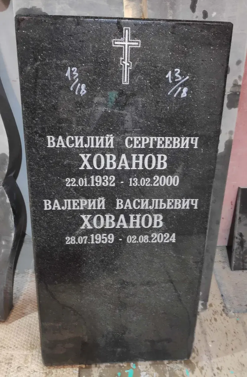 Тёмная стела в процессе обновления: надписи для двоих, крест и разметка мест под фотографии.