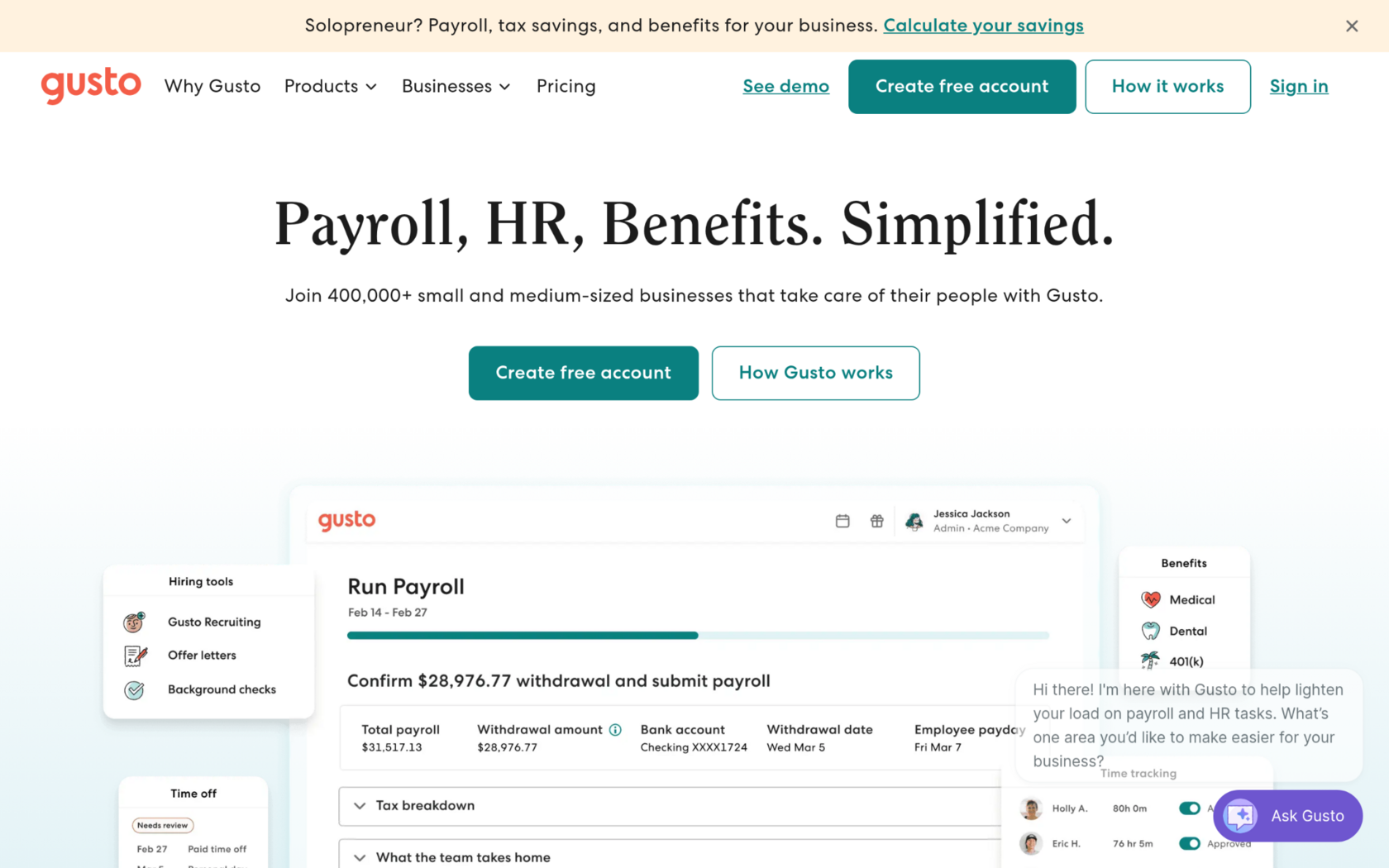 3. Gusto - Best for Small to Midmarket Businesses Seeking Integrated Payroll and HR Management