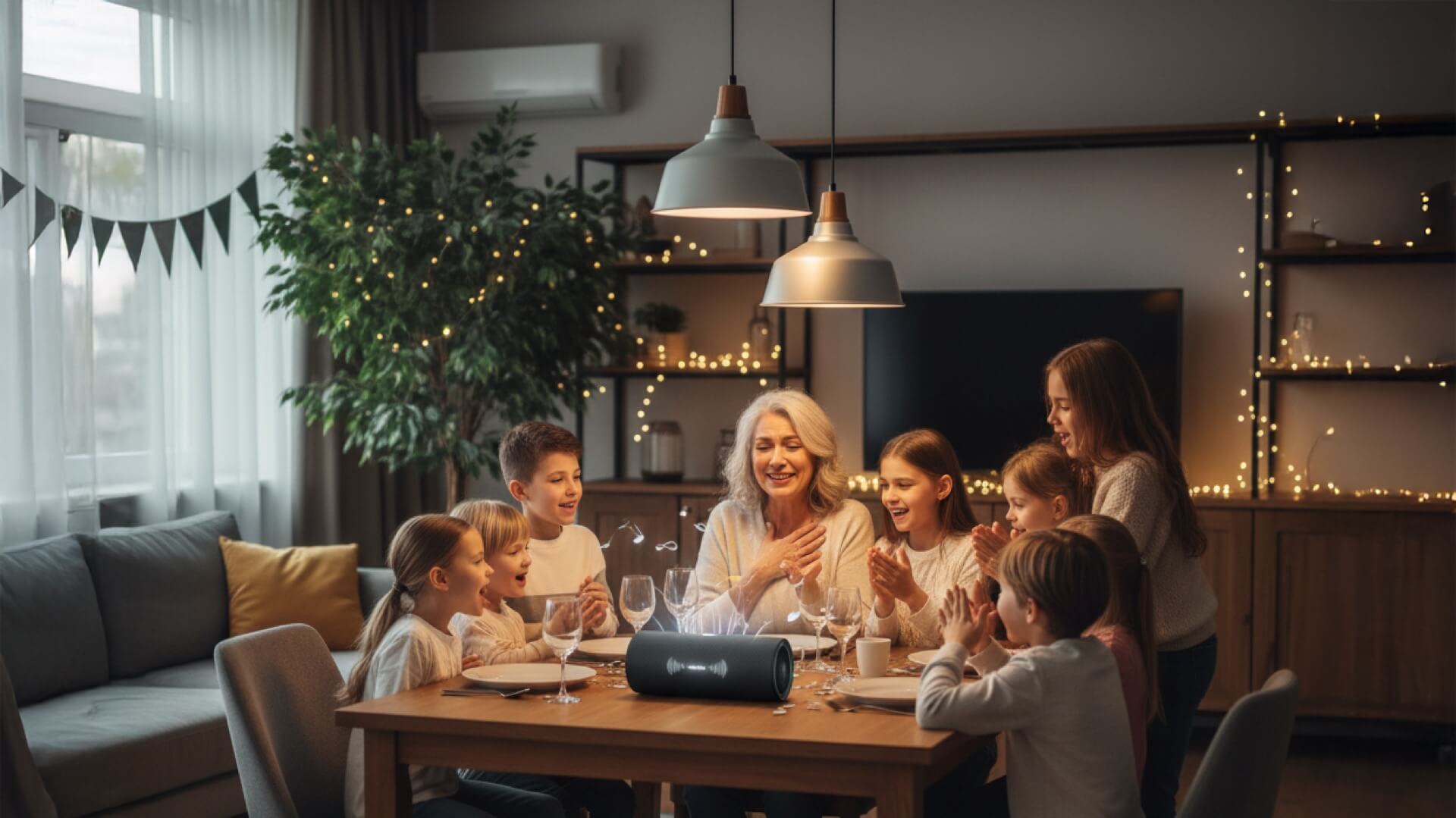 ети поют песню в подарок маме на день рождения за праздничным столом. Мама тронута до слёз, радостная атмосфера, семейный вечер