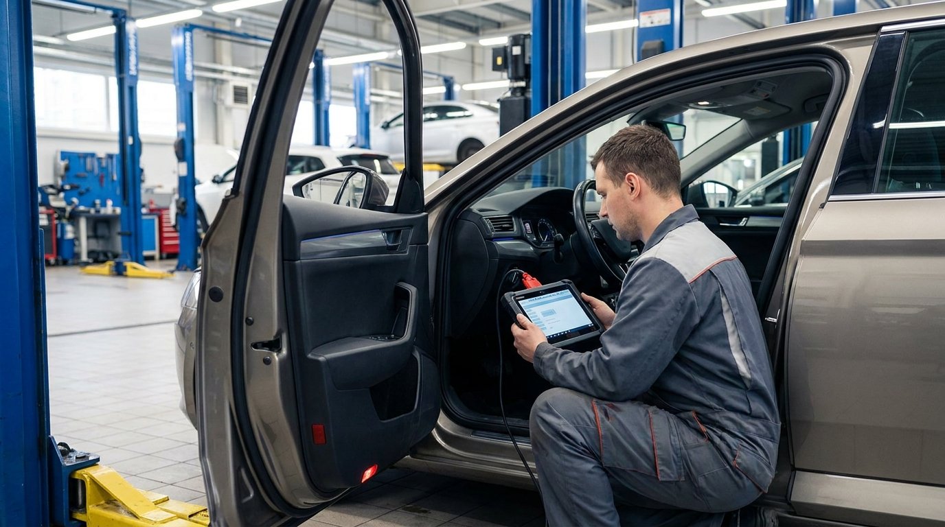 Специалист подключает диагностическое оборудование к автомобилю в сервисе, процедура привязки VIN к устройству вызова экстренных служб
