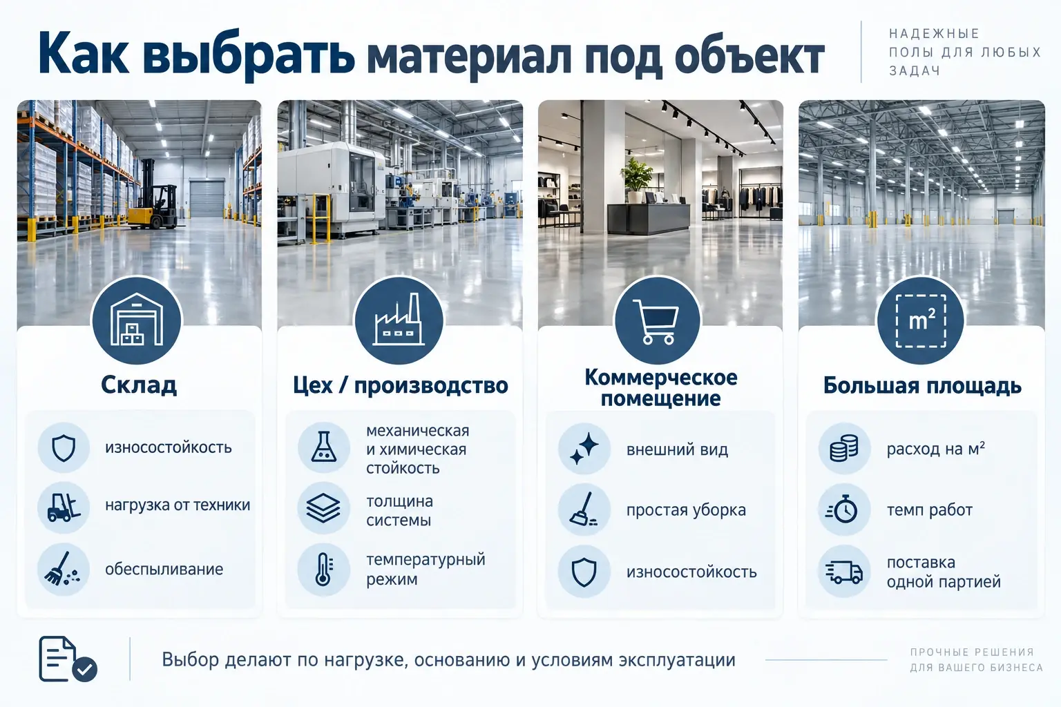 Выбор полимерной системы для склада, производства, коммерческого помещения и большой площади