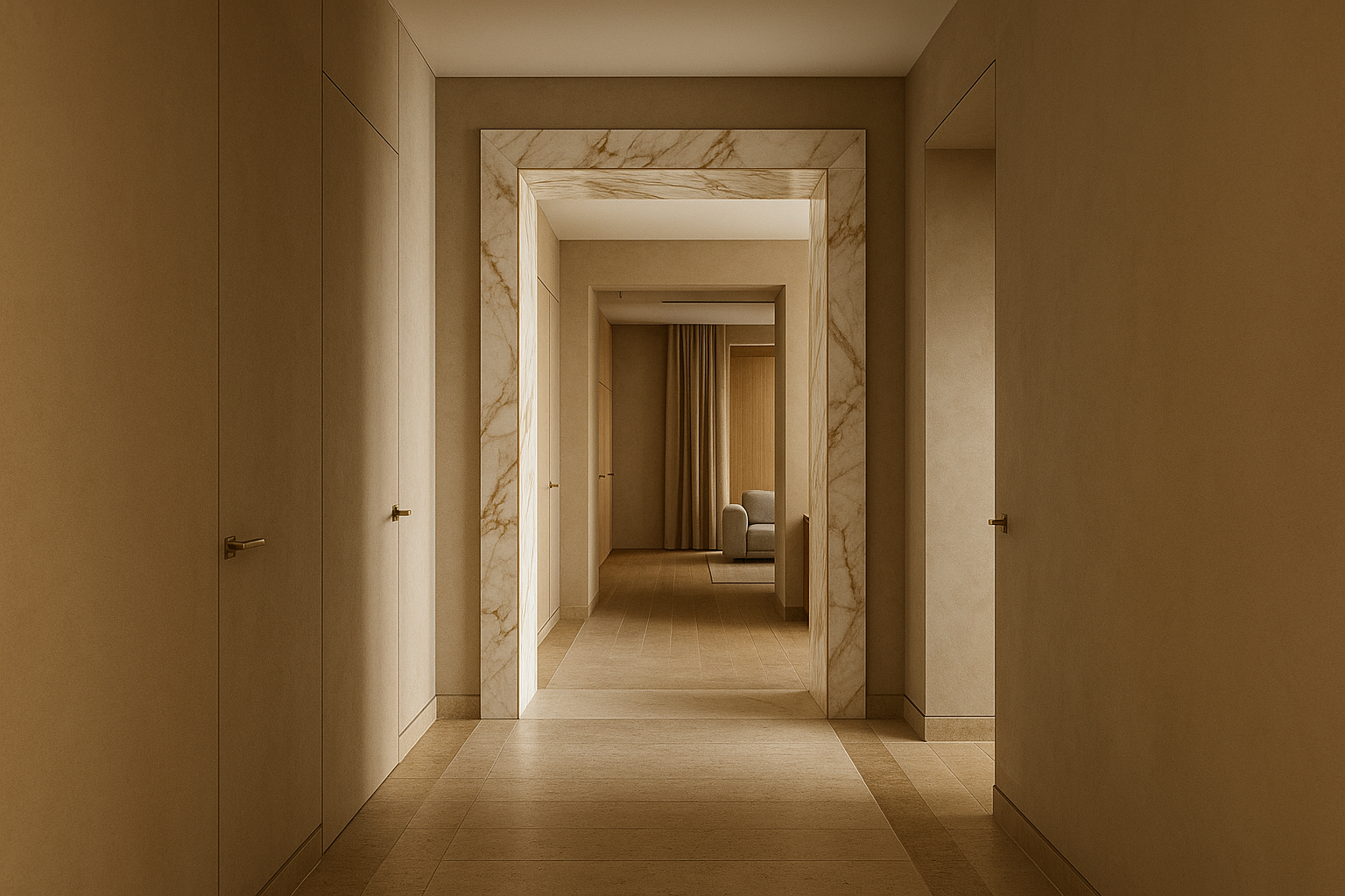 Прихожая-галерея с порталом из Calacatta Oro, тёплый микробетон, скрытые двери, перспективные линии.