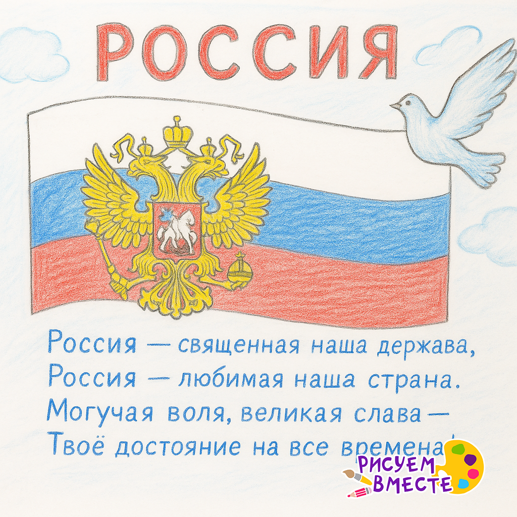 Рисунок, выполненный цветными карандашами, изображает флаг России с гербом, голубя и строки гимна, символизирующие государственную символику страны