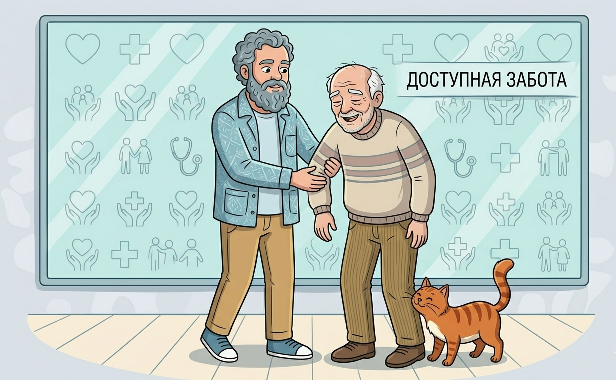 Современный Сократ и кот Платон помогают пожилому человеку, символизируя систему долговременного ухода СДУ