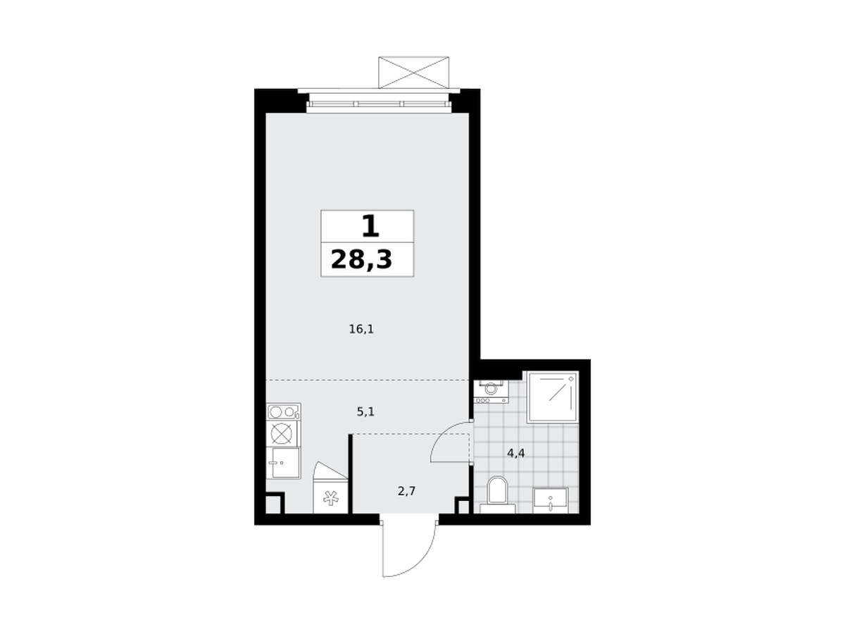Планировка: студия 28,3 м², ЖК Прокшино, корпус 9.2