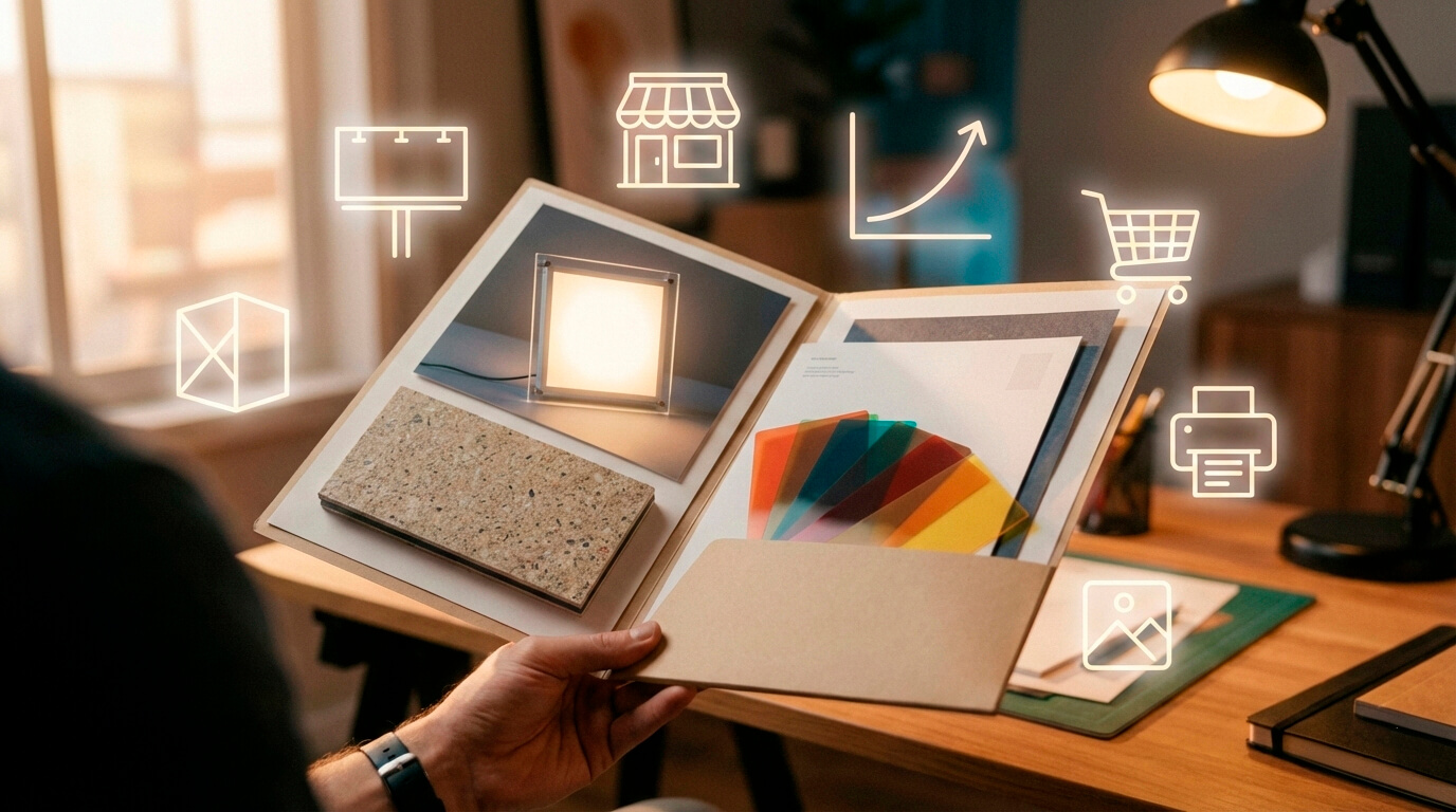 Цифровой коллаж с экранами наружной рекламы, световой буквой и графиком роста рекламного рынка России в 2025 году.