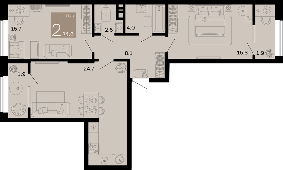 Двухкомнатная квартира 74.6 м²