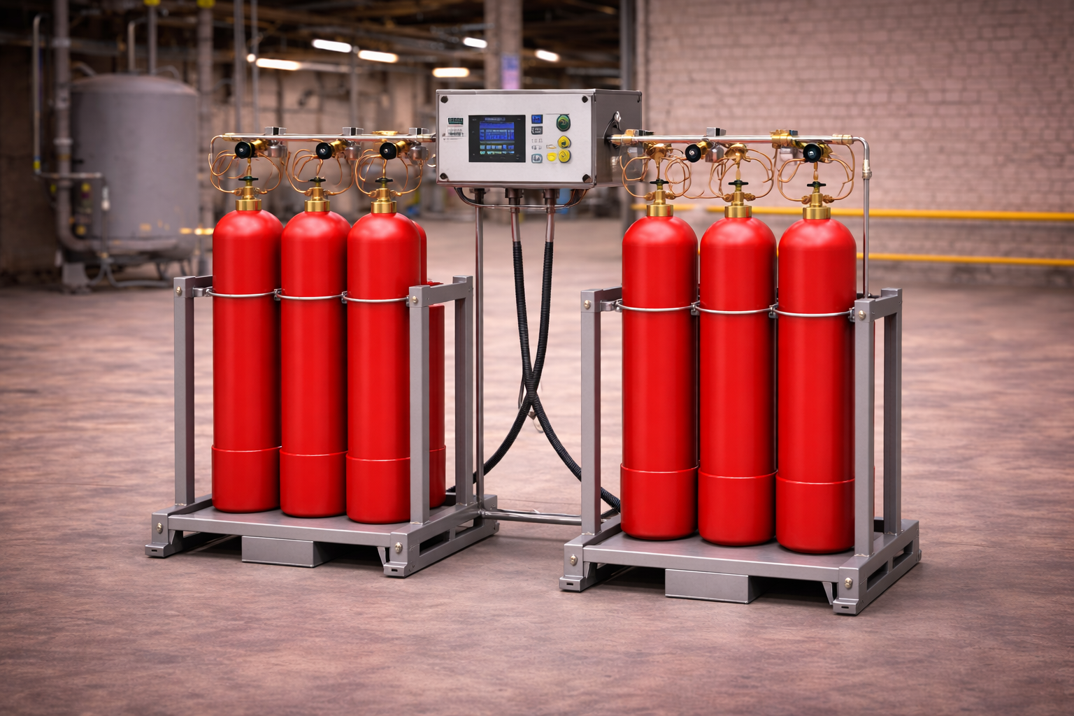 Автоматическая газовая рампа с двумя группами красных газовых баллонов одного цвета, установленными на металлических рамах и подключёнными к распределительному коллектору с медными трубками, манометрами и автоматическим блоком управления в промышленном по