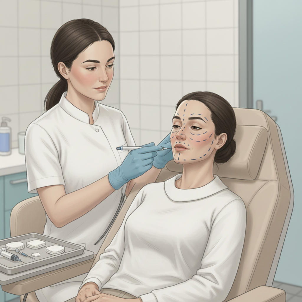 Иллюстрация подготовки к липофилингу: врач размечает лицо маркером перед переносом собственного жира