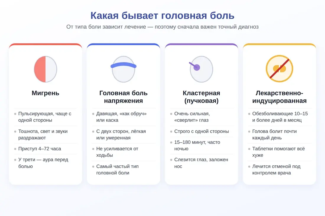 Виды головной боли: мигрень, головная боль напряжения, кластерная и лекарственно-индуцированная