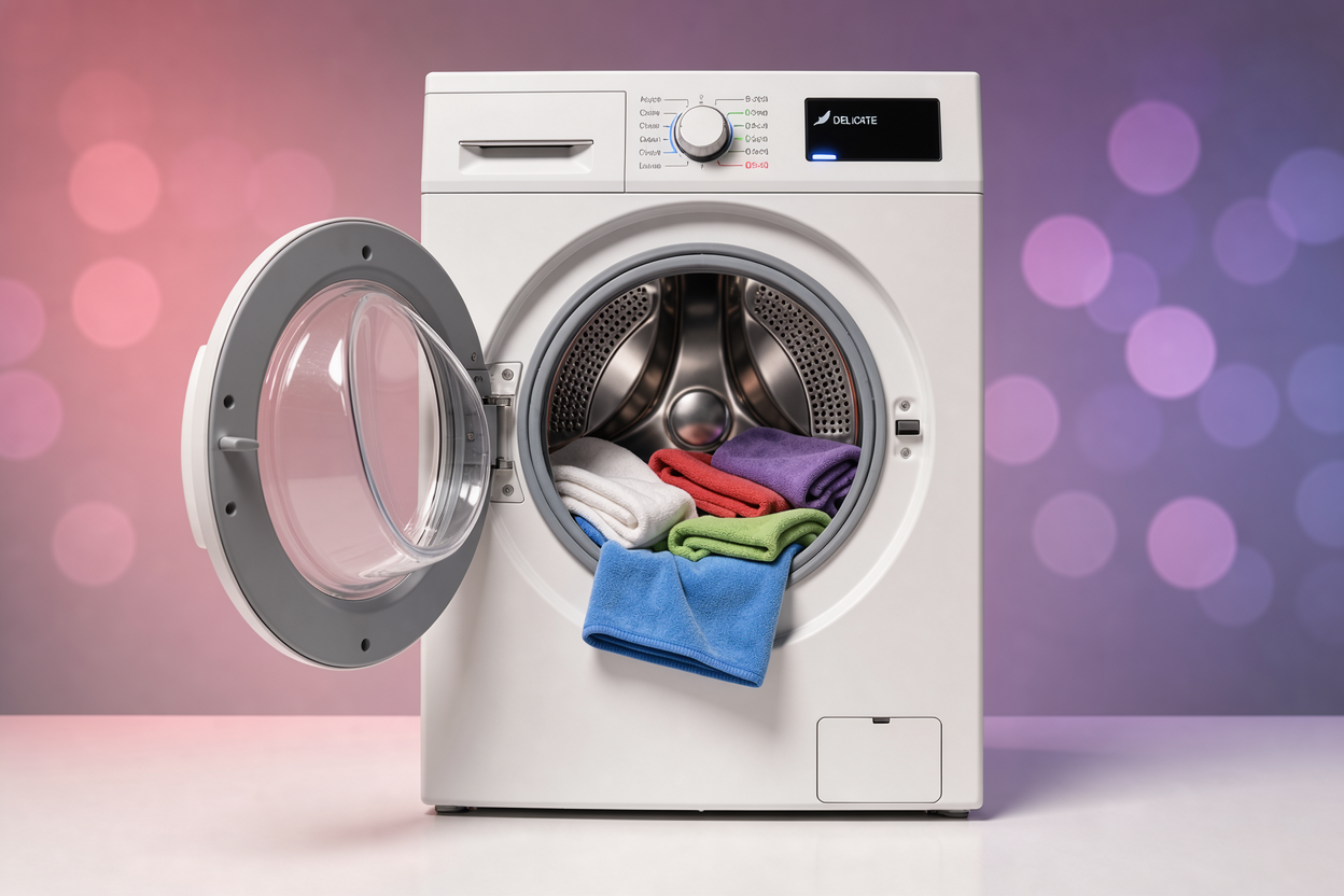 Open washing machine drum with several microfiber cloths inside, showing soft synthetic fabric and a delicate laundry cycle indicator, no detergent bottles