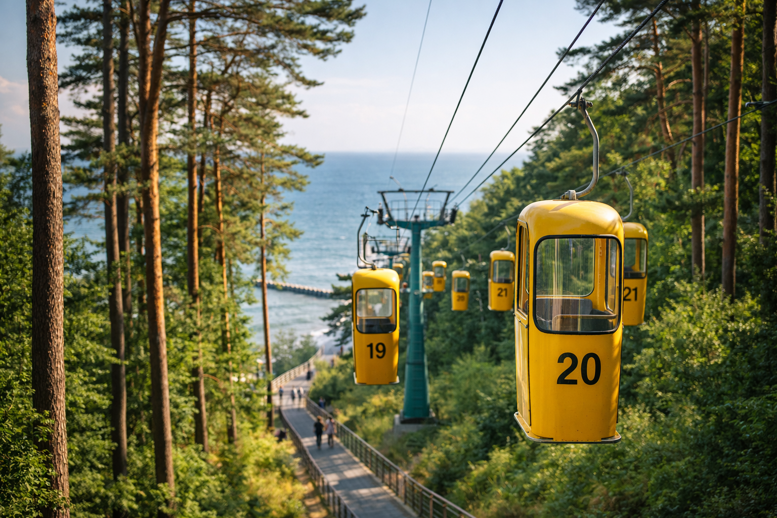Канатная дорога в Светлогорске: жёлтые кабинки на фоне сосен