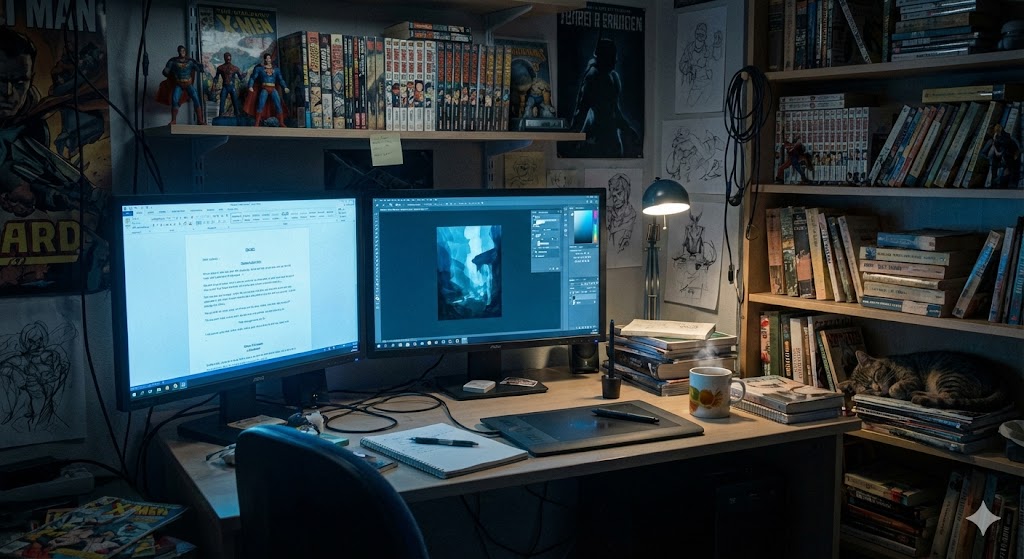Рабочее место фикрайтера и цифрового художника с мониторами и комиксами
