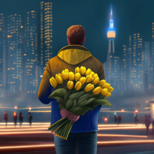 Мужчина стоит с букетом желтых тюльпанов на фоне города