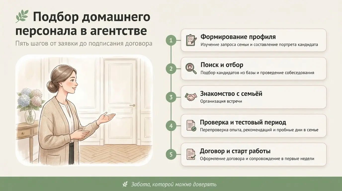 инфографика — пошаговая схема процесса подбора домашнего персонала: от формирования профиля до подписания договора, с указанием ключевых этапов и сроков
