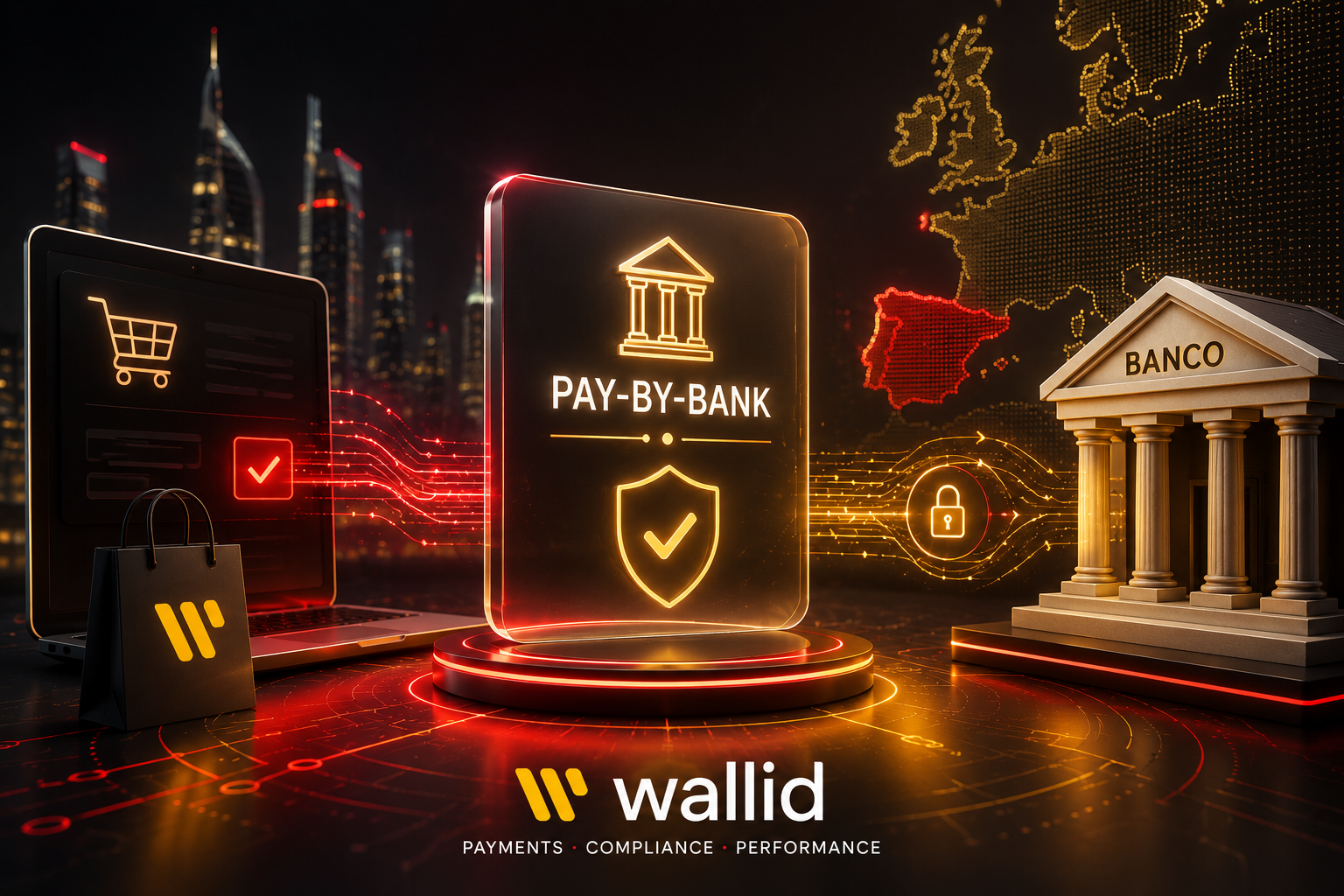 Ilustración futurista de pagos pay-by-bank para ecommerce de alto riesgo en España con elementos bancarios digitales y branding de Wallid.