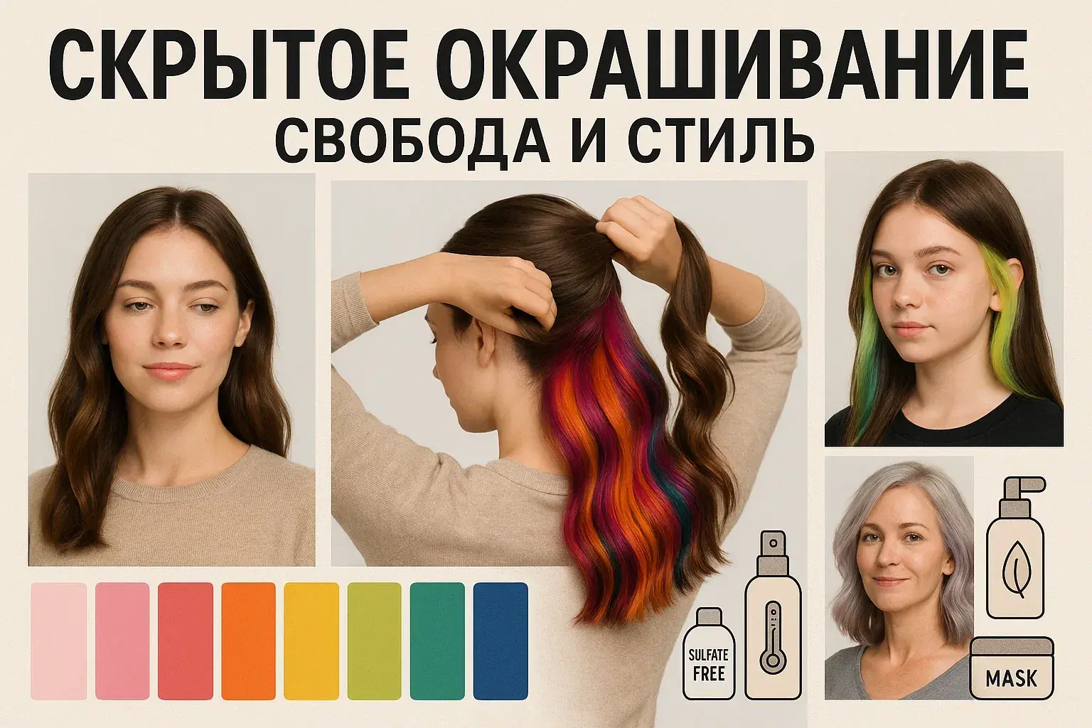 Скрытое окрашивание волос: яркие акценты, пастельные оттенки и стильные варианты для любого возраста.
