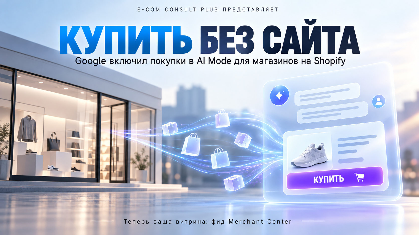 Обложка «Купить без сайта»: покупки летят из витрины магазина в окно ИИ-чата с карточкой кроссовка и кнопкой «Купить»