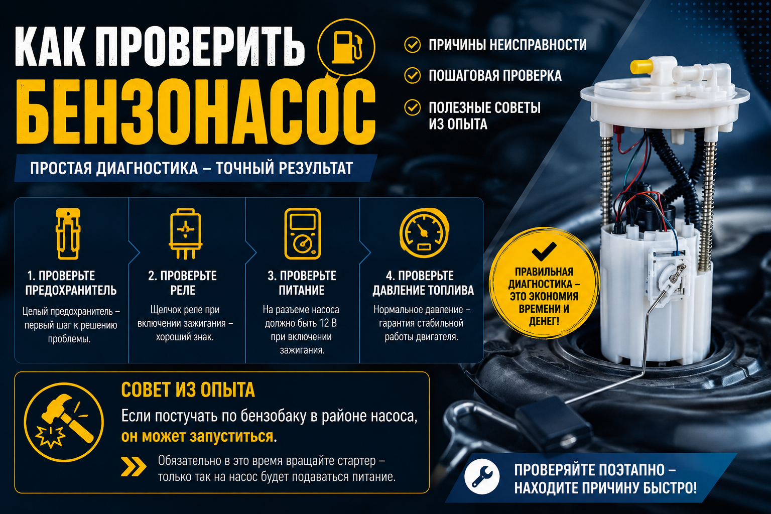 Как проверить бензонасос автомобиля — признаки неисправности и диагностика