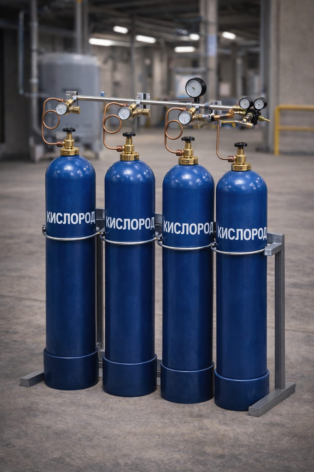 Кислородная газовая рампа с белыми баллонами, установленными на металлической раме и подключёнными к коллектору с манометрами в техническом помещении.