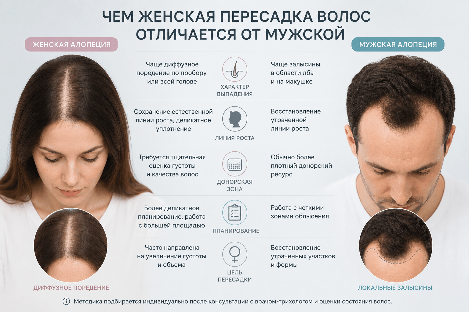 отличия мужской от женской пересадки волос