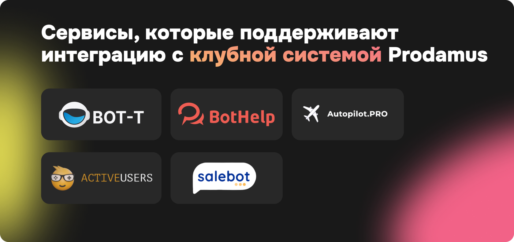 Логотипы сервисов, поддерживающих интеграцию с клубной системой Prodamus