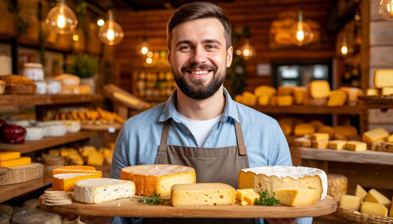 иужчина улыбается,у него в руках сыр на деревянной доске