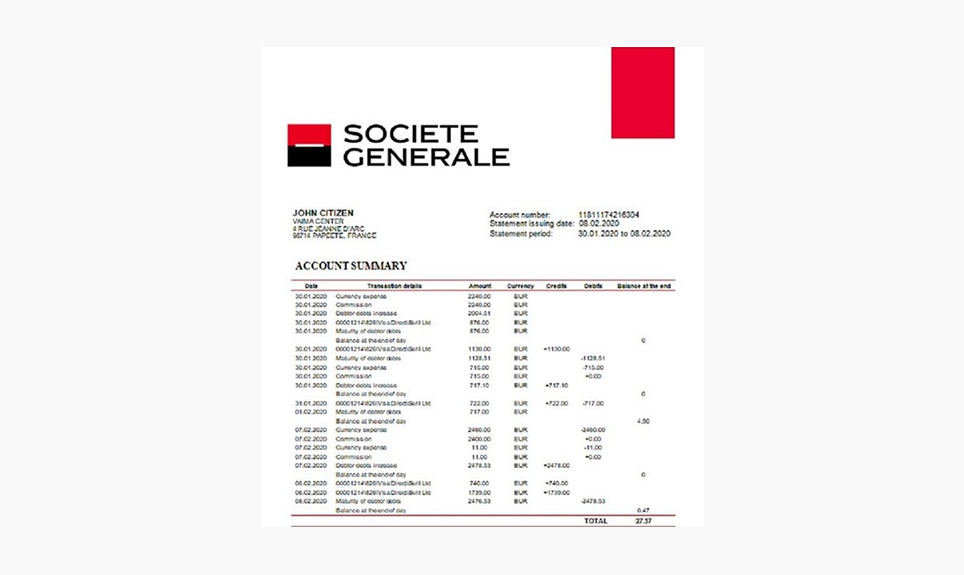 Выписка по счету из французского банка Societe Generale в евро (EUR), подтверждающая минимальный доход SMIC и финансовую независимость для документов на ВНЖ Визитер.