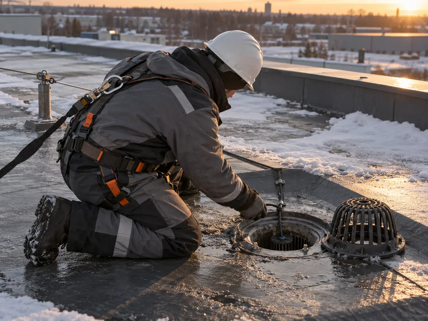 Проверка греющего кабеля у водосточной воронки зимой