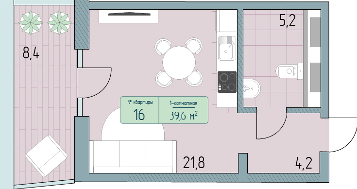 Планировка 1-комнатная 39,6 м²