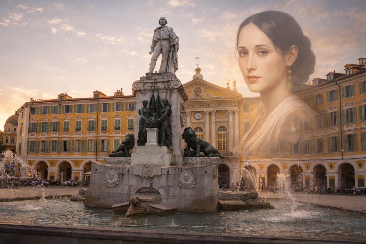 Place Garibaldi in Nice with the monument to Giuseppe Garibaldi and artistic portrait of Anita Garibaldi