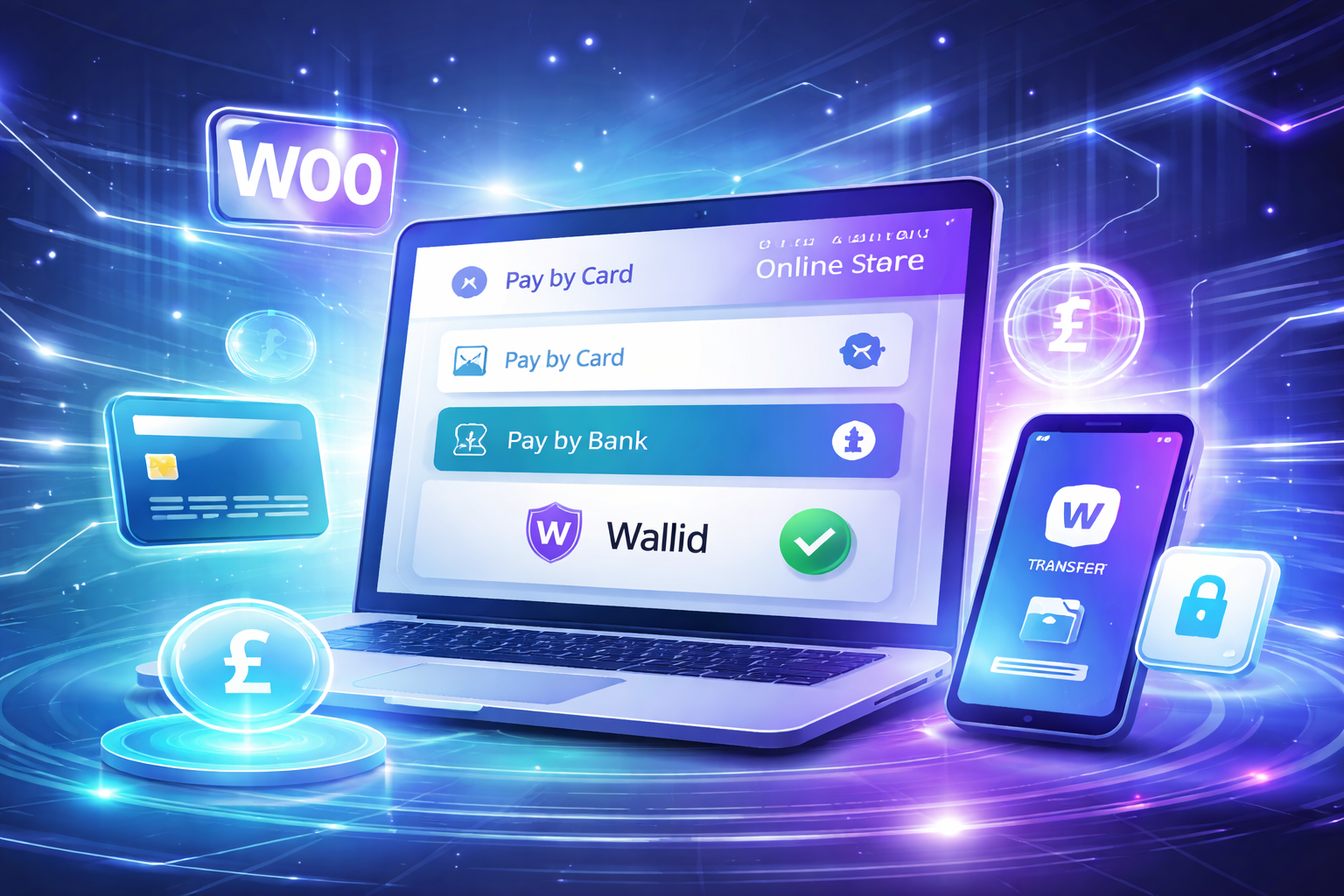 Futuristic illustration of a WooCommerce checkout showing pay-by-card and pay-by-bank options with Wallid branding, highlighting structural differences between card gateways and bank-based payments.