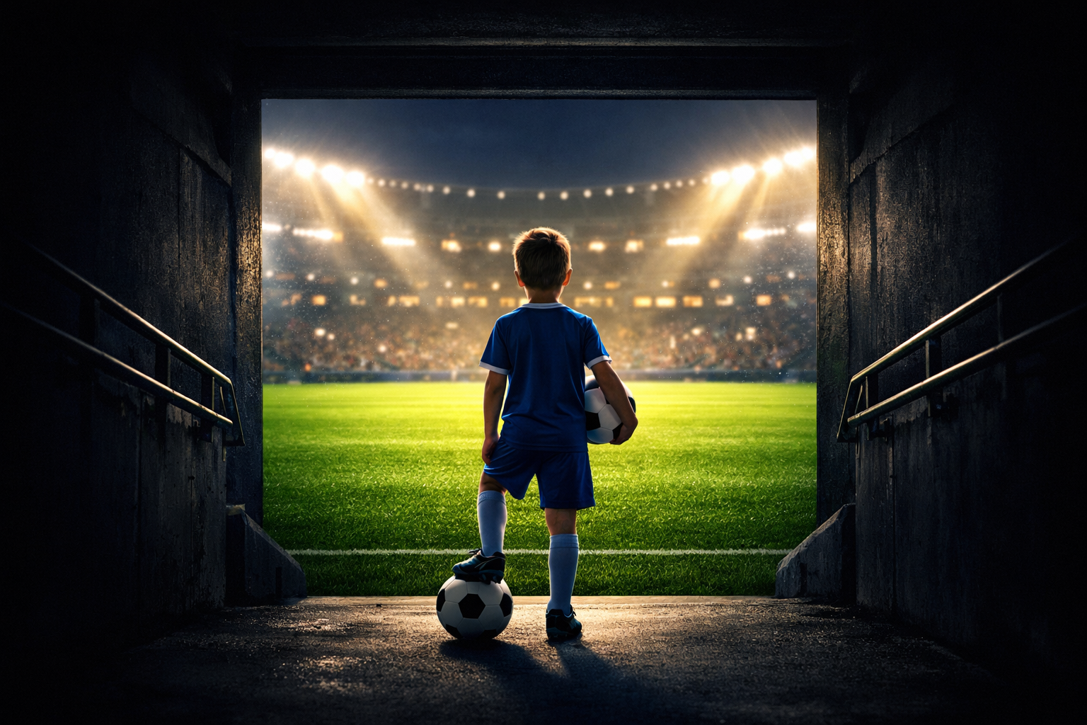 Юный футболист смотрит на стадион