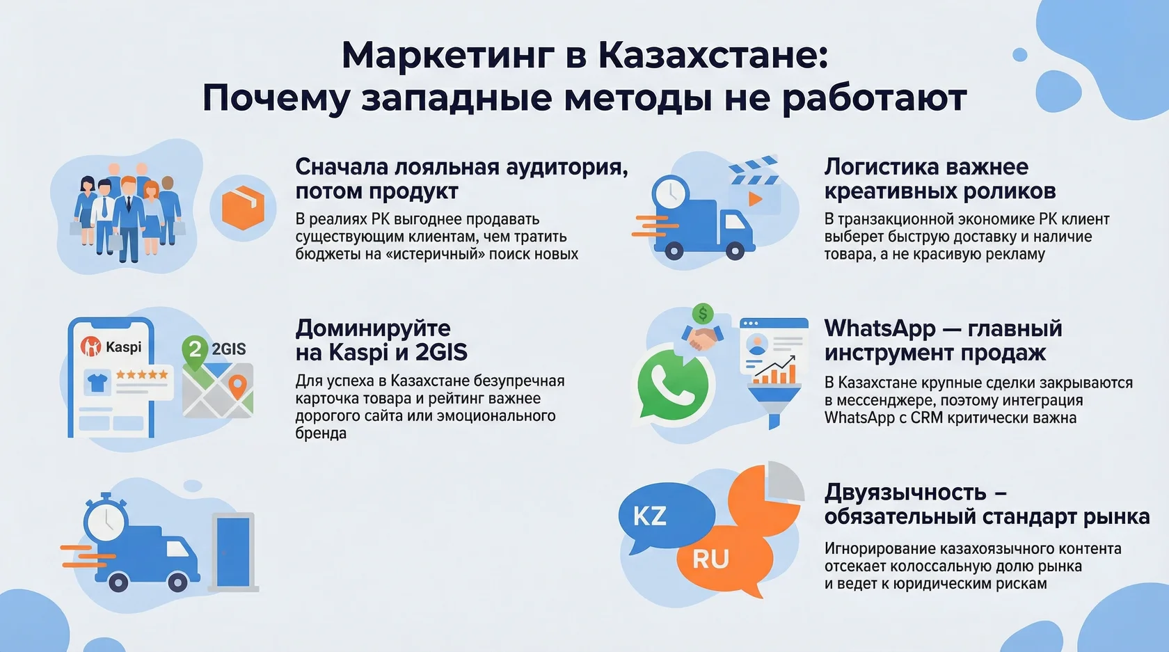 Инфографика: основные принципы эффективного маркетинга в Казахстане, включая работу с Kaspi, WhatsApp и двуязычие