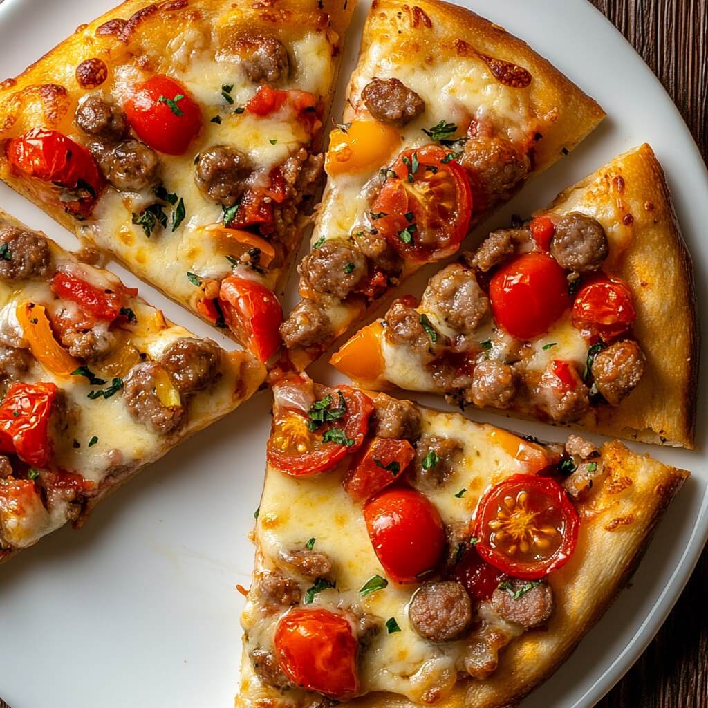 Готовая пицца после приготовления в микроволновке — золотистая корочка, расплавленный сыр и ароматные ингредиенты: помидоры, колбаса, перец