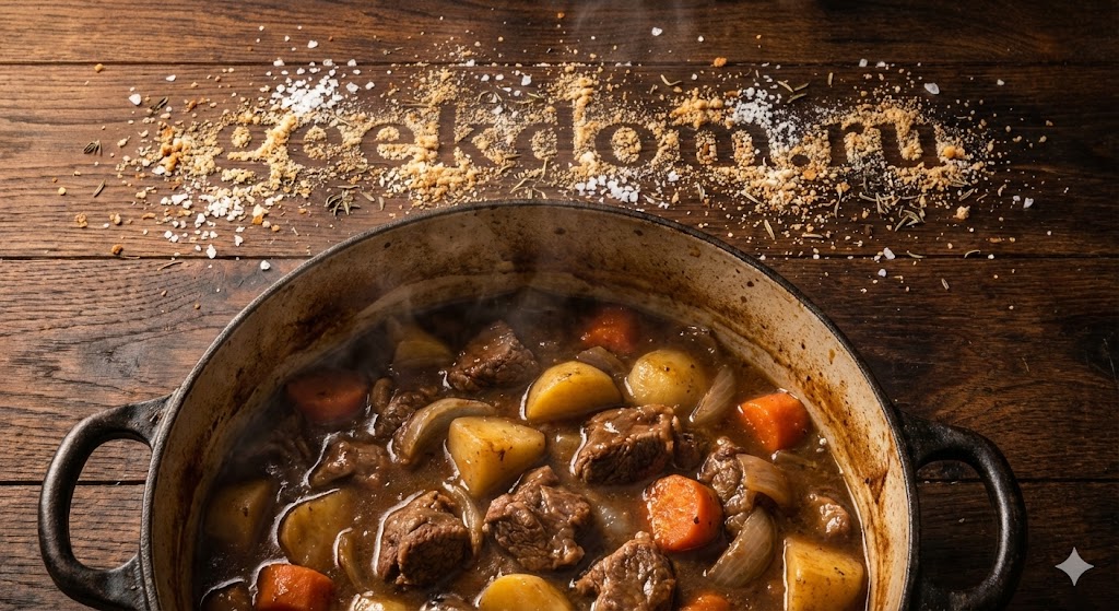 Традиционное ирландское рагу с бараниной и овощами в чугунном котелке