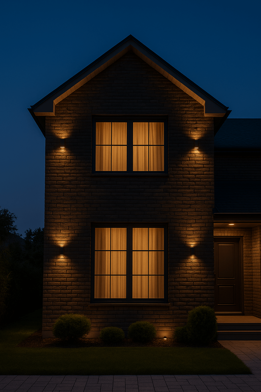 Вечерний фасад с подсветкой и окнами — гибкая плитка для фасада — фасадный декор