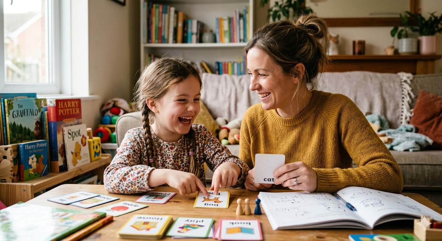 Родитель помогает ребенку заниматься английским дома в спокойной обстановке