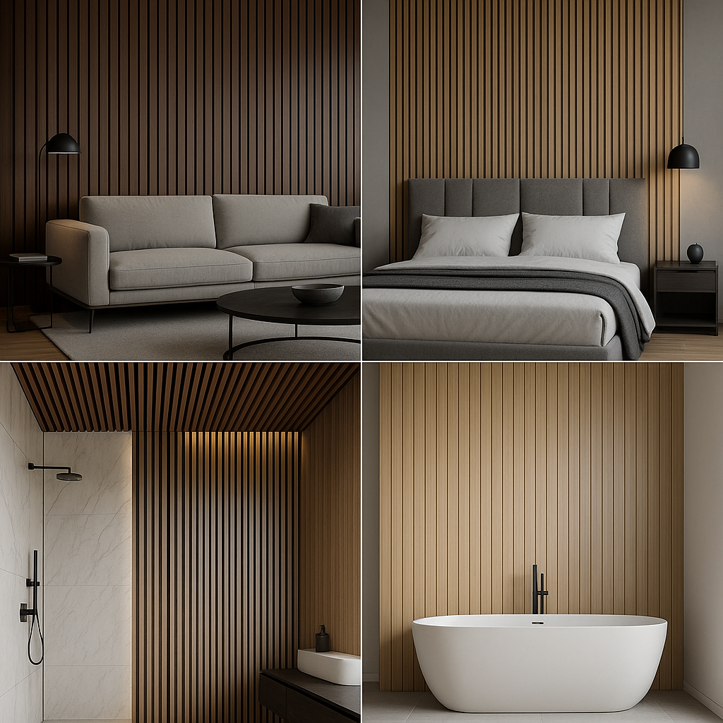 Современные интерьеры с декоративными рейками: гостиная с тёмными вертикальными рейками, спальня с изголовьем на фоне реечной стены, душевая зона с потолочными и стеновыми рейками и ванная с фоном из светлых вертикальных реек.