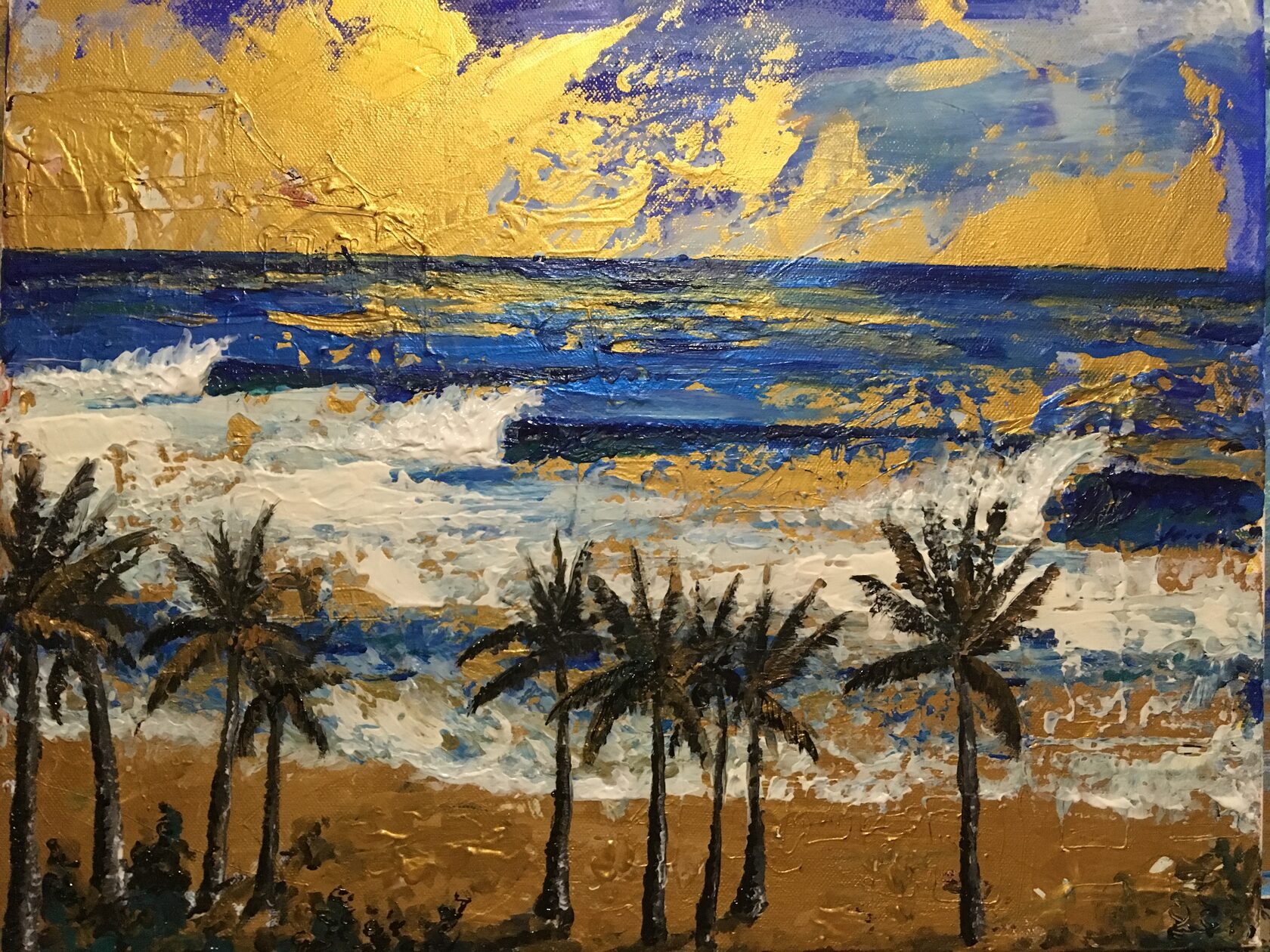 Coastal landscape with palm trees, gold leaf sky meeting deep blue ocean