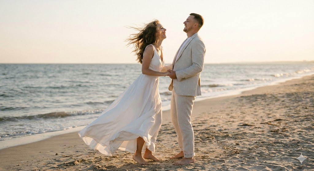 Романтическая пара на пляже в золотой час — нейрофотосессия love story