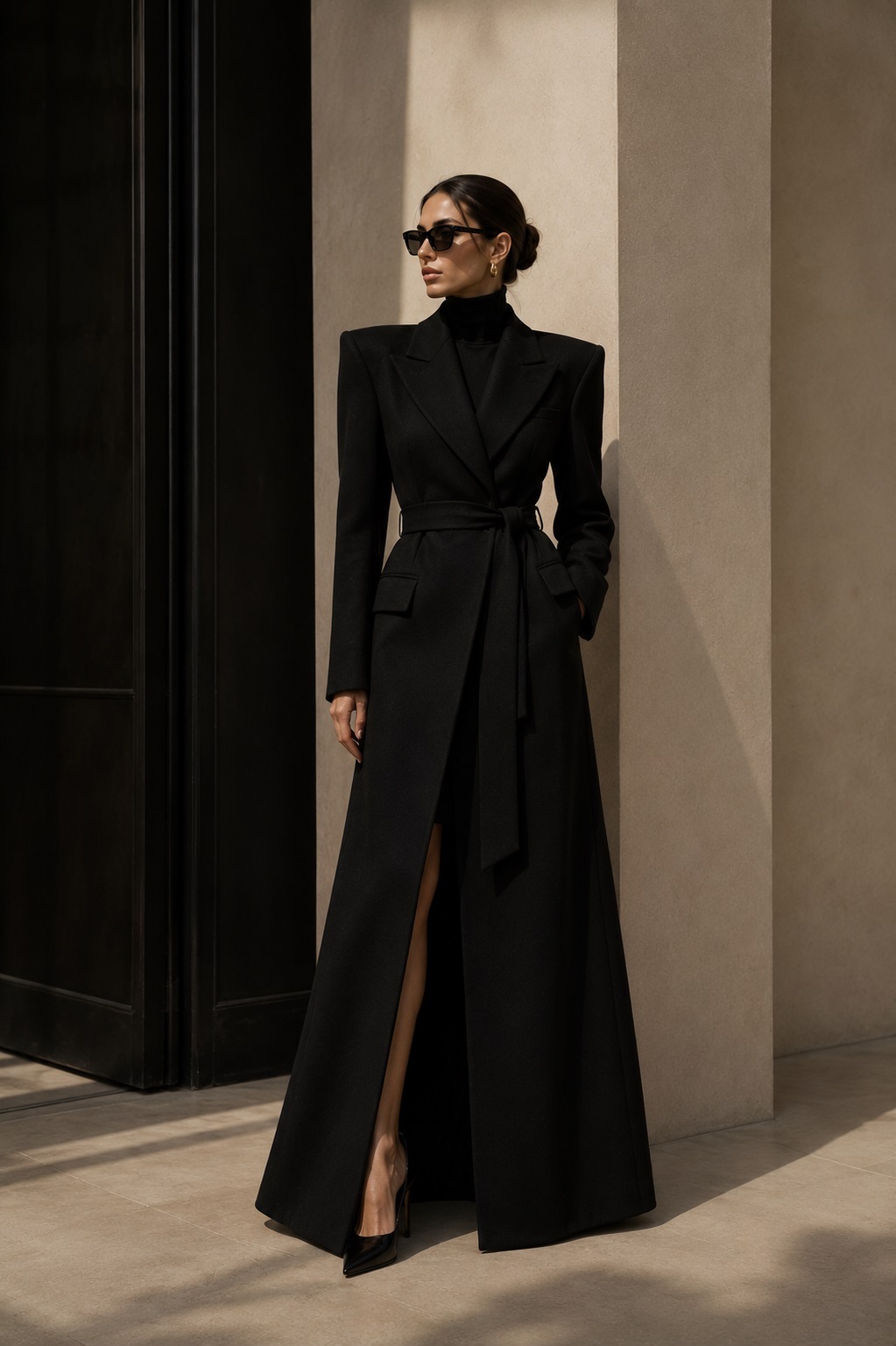 Power Shoulder Coat by ELARÉ Atelier. Architectural black coat with structured shoulders and elegant silhouette.