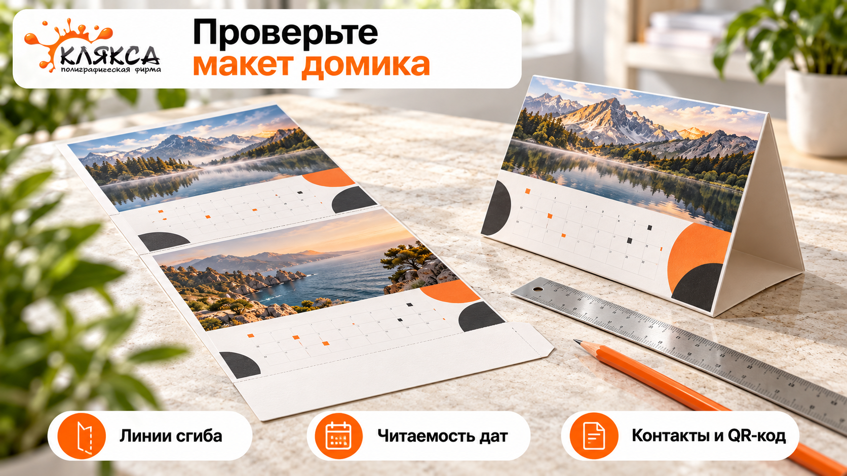 Развёртка и сложенный календарь-домик с проверкой линий сгиба, дат и контактов