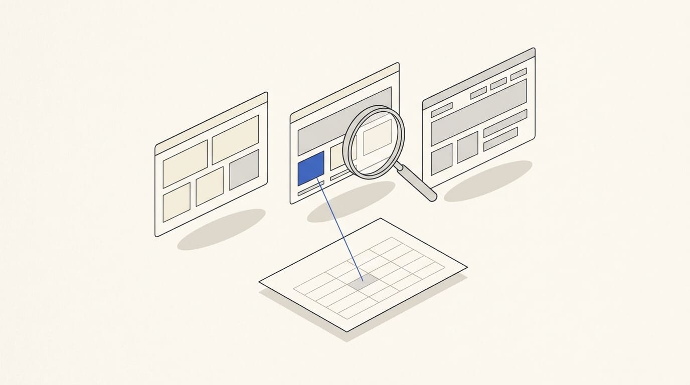 A magnifying glass over three website layouts and a grid for comparing competitors’ offers.