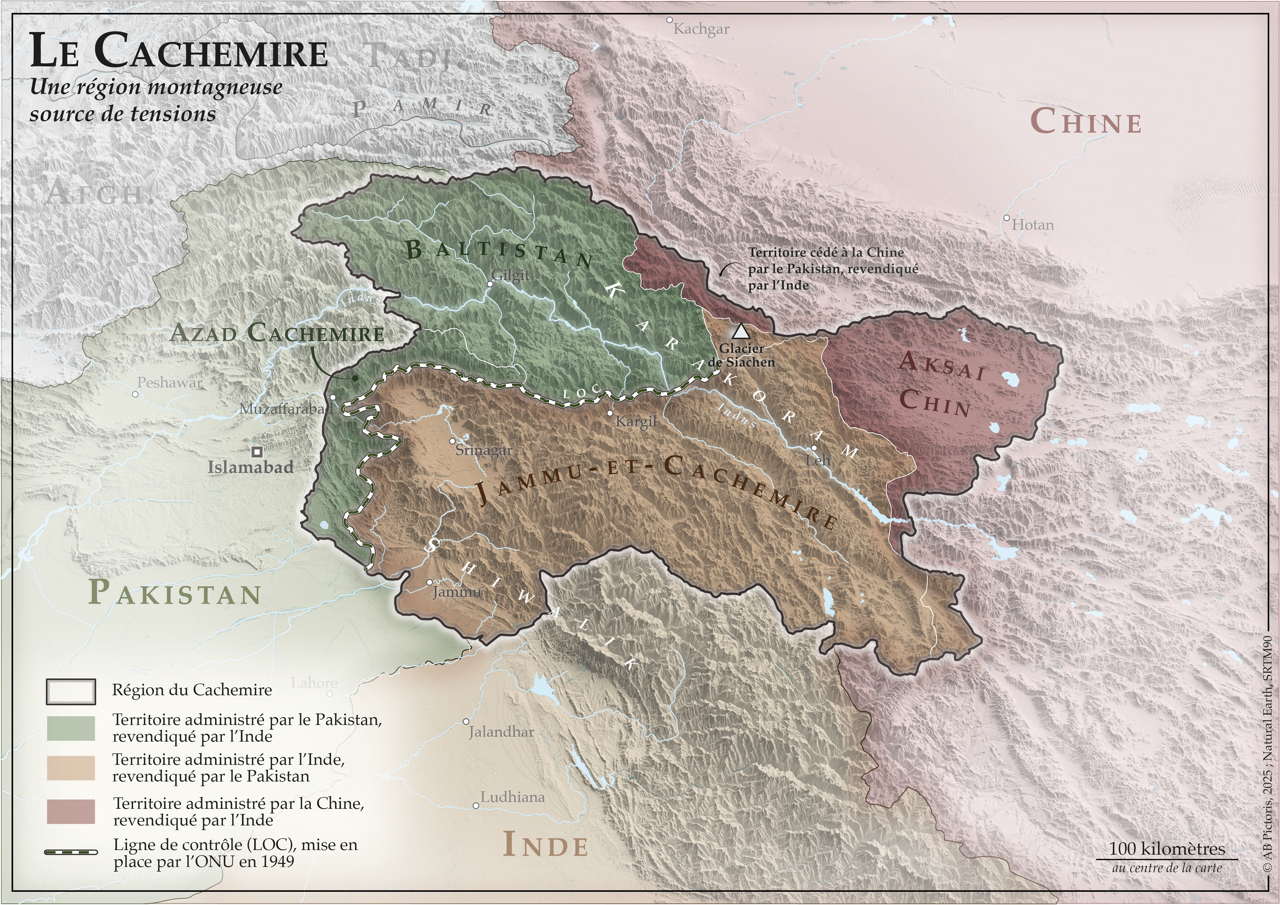 Carte du Cachemire montrant les zones disputées entre Inde, Pakistan et Chine, région stratégique source de conflits frontaliers.