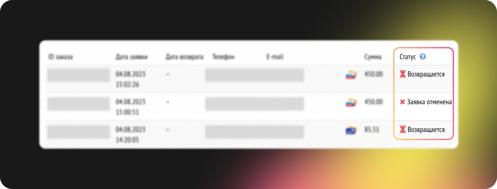Статусы возврата в списке платежей Prodamus: возвращается, возвращён и отмена заявки на возврат