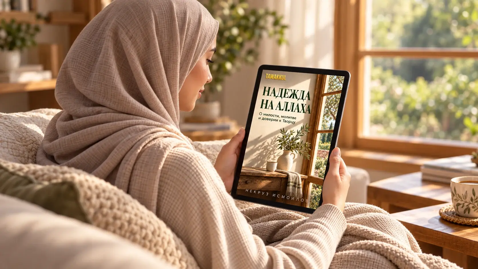 Мусульманка открыла книгу «Надежда на Аллаха» на планшете у окна.