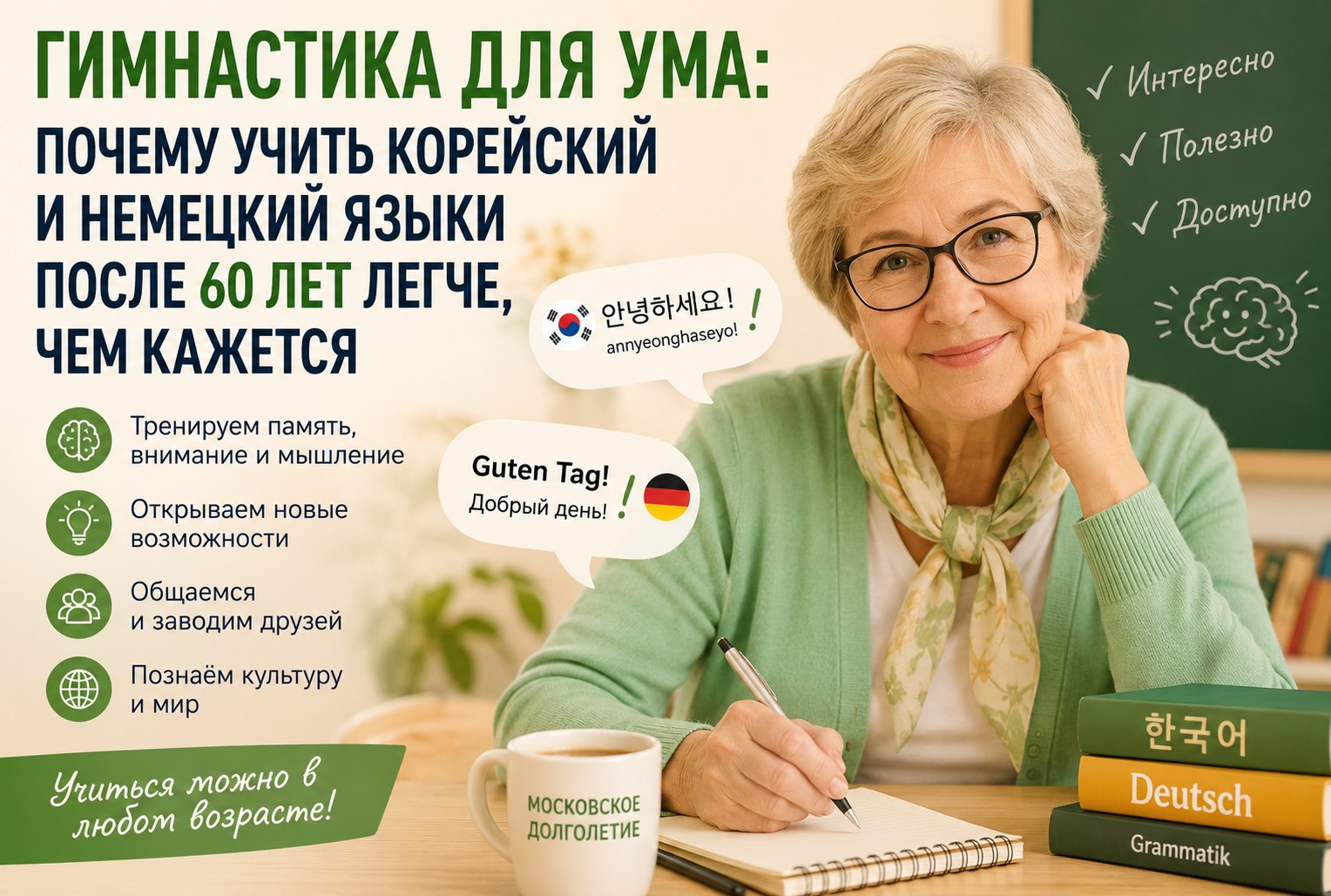 Гимнастика для ума: почему учить корейский и немецкий языки после 60 лет легче чем кажется